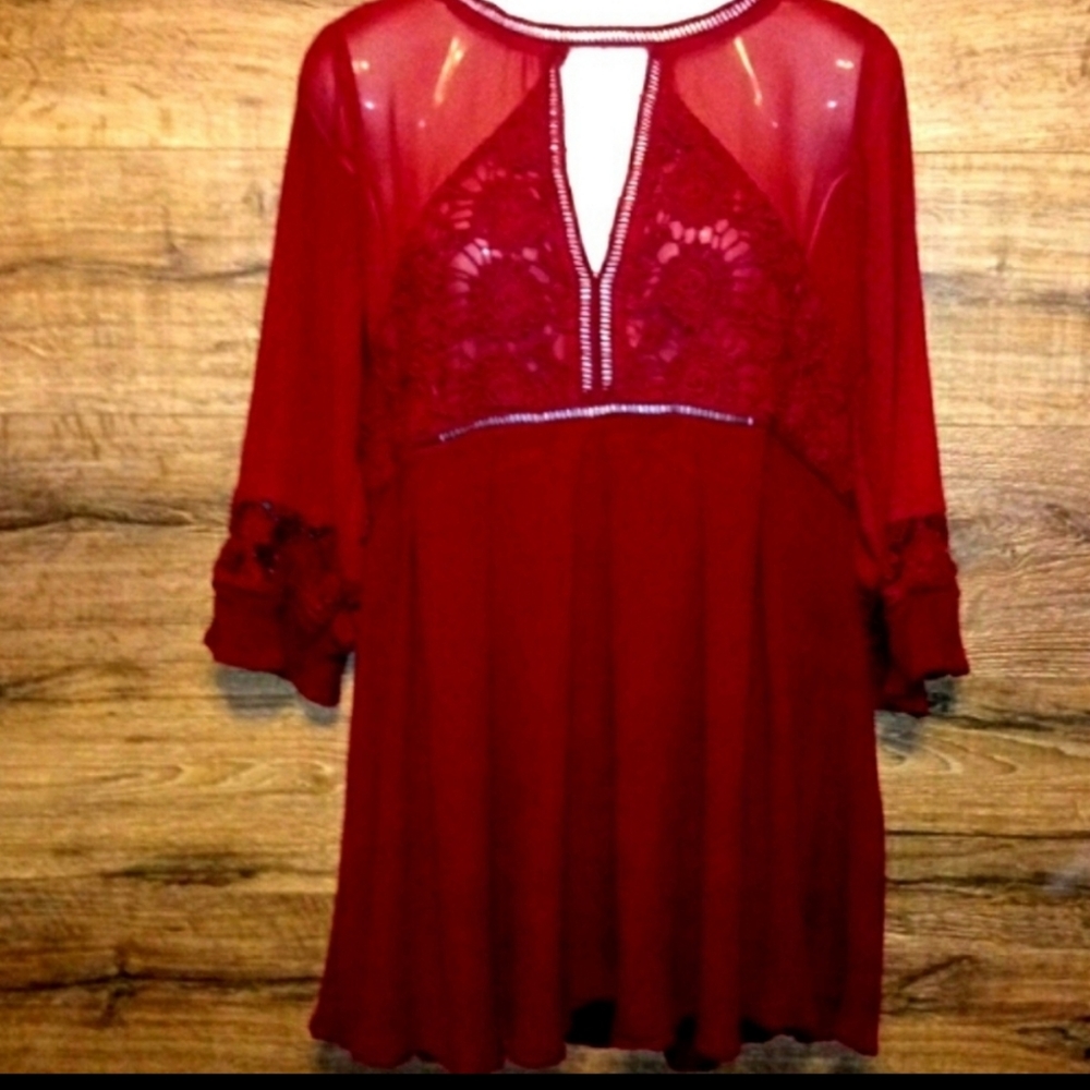 B Sharp Mini Dress Size Small Red Bohemian Keyhole Cutout Nwot - Picture 4 of 13
